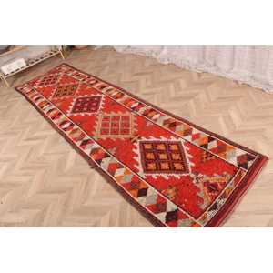 2.9x11 ft Turkish Rug, Vintage <b>Runner</b> Rug, <b>Red</b> Brown Plants & trees Rug - Product Image 3
