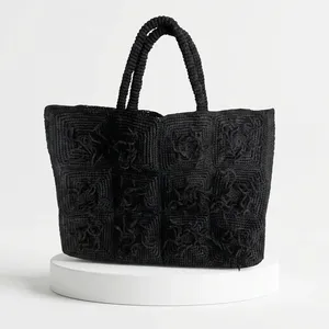 Sac fourre-tout en crochet bleu avec motif géométrique brodé, style bohème, plage d'été, deux poignées, fermeture à glissière, doublure en coton - Product Image 6