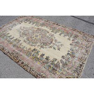 Vintage Turkish Rug 5.7 X 9.1ft Beige <b>Brown</b> <b>Wool</b> Flat Weave Patchwork Pattern for Living Room Decor Hallway Use Latex Backing - Product Image 4