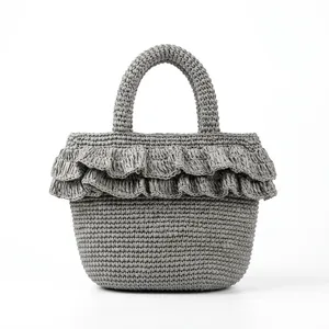 Gray Raffia Geometric Print Tote <b>Bag</b> with Ruffled Shoulder Strap Durable Fashion Handbag for <b>Women</b> Summer <b>Beach</b> Travel - Product Image 2