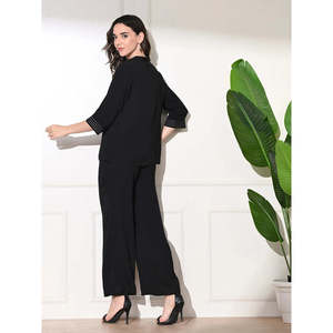 Top Casual Sólido con Cuello Mao Bordado Suave Combinado con Pantalones Rectos de Corte Entallado para un Estilo Veraniego Chic y Relajado - Product Image 3