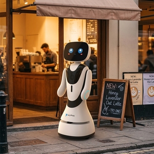 Robot d'accueil Timo mignon et populaire auprès des clients, qui diffuse des vidéos, parle, présente les produits, salue et embrasse, un best-seller, réceptionniste. - Product Image 3