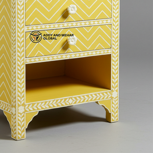 Mesita de noche hecha a mano con incrustaciones de hueso amarillo, patrón de vid Floral, mesa auxiliar de tres cajones - Product Image 3