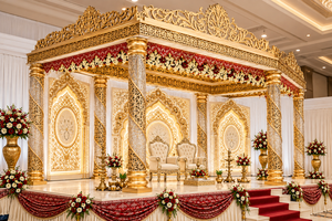 Magnifique structure de mandap de mariage de style maharaja en cristal doré, mandap de mariage luxueux en bois doré avec draperies rouges et décorations florales - Product Image 6
