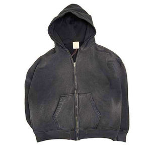 เสื้อฮู้ดซิปอัพสำหรับผู้ชายโอเวอร์ไซส์ปักโลโก้ผ้า500 GSM ผ้าทอลายกรดวินเทจสีพื้นแบบถัก - Product Image 1