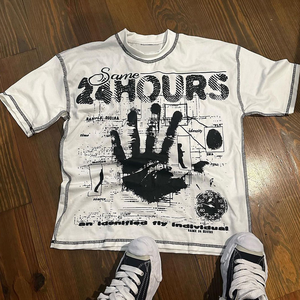 2024 Summer 100% Cotton Solid Custom Pattern Screen Printing T Shirt Men Hip Hop Street O-neck Male Contrast Stitch Tshirt - Product Image 2