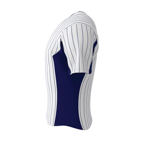 Maillot de baseball personnalisé blanc et bleu marine à rayures, imprimé par sublimation, respirant, manches courtes, unisexe, adulte, coupe classique, boutons sur le devant - Product Image 4