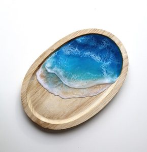 Plateau de service pour le petit-déjeuner en bois et résine, poignée en acier inoxydable, plateau de service en bois et résine multi-usages pour la nourriture - Product Image 3