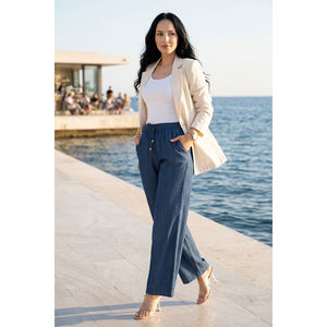Casual for Tencel Denim <b>Trousers</b> with High <b>Waist</b> and Wide Leg <b>Elastic</b> Pockets-Breathable Blue Canvas - Product Image 4