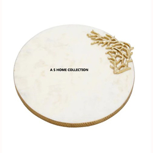 Plateau décoratif de table en métal avec double poignée latérale de forme ronde en marbre pour les collations et les plateaux de service de thé - Product Image 5