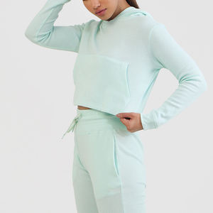 Salva Impex Sudadera con capucha de manga larga recortada de talla grande para mujer Cómoda 100% algodón Transpirable y nuevo estilo Aqua Color sólido - Product Image 5