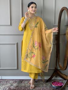 Suministro al por mayor indio Viscosa Chanderi Pantalón Kurti recto con tela Taby de nailon Hermosa Dupatta para mujeres Uso de la vida diaria - Product Image 3