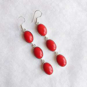 Pendientes Colgantes de Coral Rojo con Múltiples Piedras, Plata 925, Joyería Boho Hecha a Mano, Pendientes Moonga, Regalo para Ella - Product Image 6