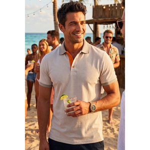 Camisa de Verano para Hombre, 100% Algodón, Transpirable, con Detalle de Cuello Azul, Diseño de Punto de Manga Corta - Product Image 5