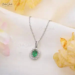 7X5 mm Emerald & Diamond Pendant Natural Gemstone Halo Oval Cut Pendant 14k White Gold Discounted Fine Jewelry