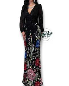 Elegante Vestido Largo con Escote en V, Silueta Recta, Cintura Imperio, Bordado con Lentejuelas Color Durazno, Paneles con Cristales y Diamantes - Product Image 3