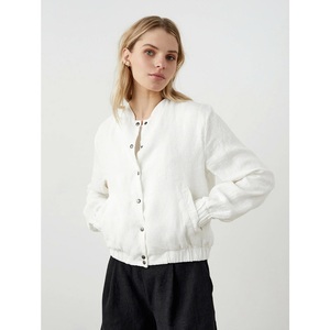 Blouson bombardier en lin baggy à manches longues pour femmes col montant traitement brut fermeture à boutons tissé rempli de coton pour l'automne/hiver - Product Image 1