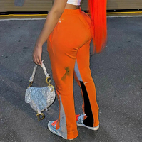 Pantalon de jogging orange empilé pour femme, taille haute, patchwork, streetwear, évasé, décontracté