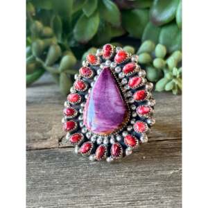 Darlene Begay Bezel Set Multi Stone Sterling Silver Adjustable Ring Boho Geometric <b>Coral</b> <b>Jewelry</b> - Product Image 4