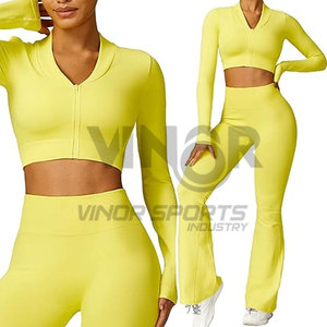 Ensemble d'entraînement 3 pièces pour femmes sans couture taille haute Leggings évasés soutien-gorge de sport et veste zippée pour Gym Yoga et vêtements de sport - Product Image 3