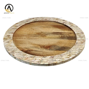 Plateau de service rond fait main avec incrustation de nacre et bois d'acacia jetable écologique pour les restaurants à domicile à usage décoratif - Product Image 3