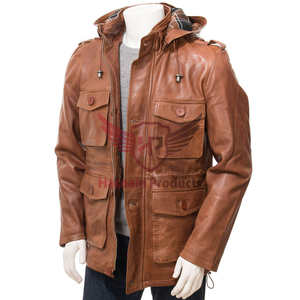 Premium Tan Leather <b>Parka</b> for <b>Men</b>-Weatherproof Breathable Eco-Friendly High Street Regular Length Quick Dry Plenty Storage - Product Image 1