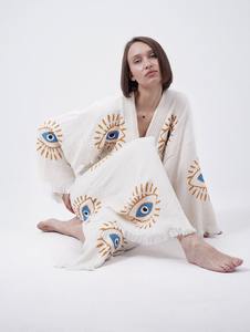 Kimono bohème à manches longues avec broderie de mauvais œil, taille naturelle, couvre-plage pour femmes, longueur au sol, logo personnalisé OEM - Product Image 2
