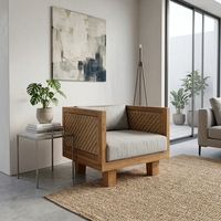 Fauteuil moderne en bois massif tressé, élégant et carré, idéal pour salon et aménagement extérieur