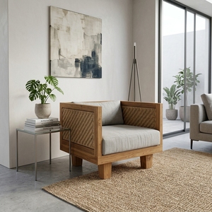 Our Modern Furniture Aswattha Visionary Solid Wood Woven Armchair Elegant Rattan Panel Lounge Sofa For Living Room Setup Art - Product Image 3