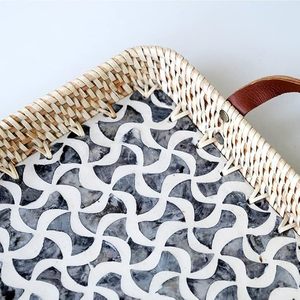 Hot Selling Rattan <b>MOP</b> Square Serving Tray with Leather <b>Handle</b> for Table and Kitchen Wares Direct Wholesale From Vietnam - Product Image 2