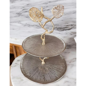 Plato de servicio de metal plateado de la mejor calidad, 2 niveles con diseño de hojas antiguas, pantalla decorativa para servir dulces y postres - Product Image 6