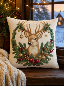 Housse de coussin décorative carrée de luxe en tissu tissé avec broderie de cerf de Noël, lavable, pour la décoration de la maison en période des fêtes - Product Image 2