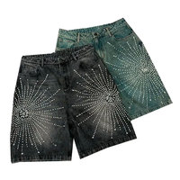 Pantalones cortos de mezclilla con lavado ácido holgados personalizados para hombre, ropa de calle Vintage, estilo Hip Hop, piedras de rinoceronte, Jorts desgastados de fabricación sólida