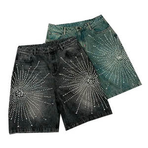 Pantalones cortos de mezclilla con lavado ácido holgados personalizados para hombre, ropa de calle Vintage, estilo Hip Hop, piedras de rinoceronte, Jorts desgastados de fabricación sólida - Product Image 4