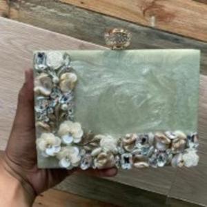Elegant <b>Green</b> Resin <b>Clutch</b> <b>Bag</b> with Shell and Floral Embellishments Handmade Acrylic Purse <b>for</b> Women Party and <b>Wedding</b> Use - Product Image 1