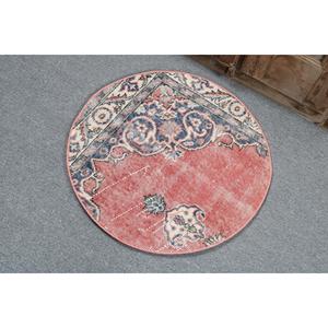2.3x2.3 ft Turkish Rug, Vintage Round Rug, <b>Red</b> Blue Camouflage <b>Wool</b> Rug - Product Image 4
