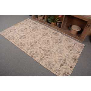 Alfombra de lana turca Vintage de 3,6x6,6 pies, tejido plano de retazos beige y marrón para decoraciones de sala de estar con respaldo de látex - Product Image 3