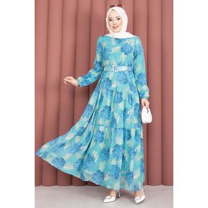 Vestido de Chifón con Cinturón y Estampado Floral Turquesa, Diseño ODM Personalizado, Vestidos Translúcidos de Moda para Ocasiones Diurnas, Naturales - Product Image 4