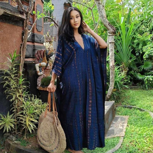 Women Navy Blue <b>Kaftan</b> Maxi Dress Loose Fit V Neck Boho Long Dress Summer <b>Beach</b> Resort Wear - Product Image 1