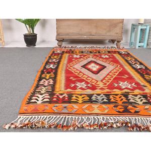 3.6x5.6 ft Rug, Vintage Turkish Accent Rug, <b>Red</b> Kilim <b>Wool</b> Rug - Product Image 5
