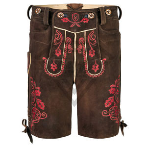 Pantalones Cortos de Cuero Auténtico Estilo Bávaro para Hombre con Bordado Rojo, Traje Tradicional Alemán para Oktoberfest - Product Image 2
