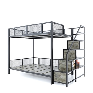 Industrial-Style Rubber <b>Wood</b> <b>Bunk</b> <b>Bed</b> with Iron Frame & Decorative Shelves - Product Image 3