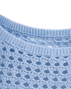 Manufacturer Customized Sky Blue Crochet Knit Cropped Sweater Women <b>Long</b> Flare Sleeve Openwork Hollow Fashion Top - Product Image 6