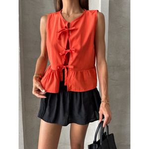 Blusa Naranja con Lazo Delantero y Delicado Patrón de Encaje para Mujer Topshow - Blusa Casual de Verano 100% Mezcla de Algodón y Lino para Damas - Product Image 4