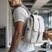 Sac à dos d'été vintage en cuir véritable blanc pour homme, pour ordinateur portable, style décontracté et professionnel, avec doublure en toile et fermeture éclair en nylon, portable