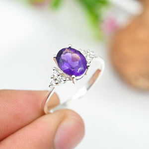 Belle conception naturelle améthyste anneaux de mariage ovale broche réglage 925 bijoux en argent Sterling bijoux pour les mariages fiançailles - Product Image 3