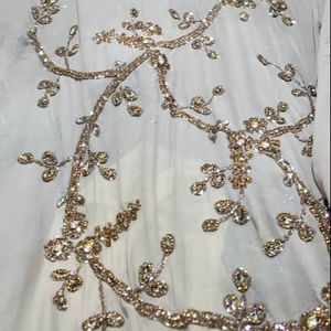 Tissu de luxe Centra Design, broderie de vigne dorée à la main, tissu en dentelle florale en cristal, rayonne, viscose, cachemire, élasthanne, organza - Product Image 1