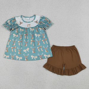 Ensemble de chasse pour bébés filles : Tunique à manches courtes avec nœuds cerf et short à volants marron - Product Image 1