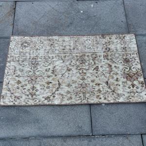Vintage Rug, 1.5x2.7 ft Small Rug, <b>Brown</b> Bordered <b>Wool</b> Turkish Rug - Product Image 3