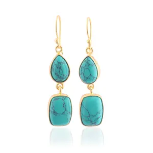 Deux pierres cabochon synthétique turquoise pince sertissage boucles d'oreilles pendantes en laiton plaqué or pour dames porter des bijoux intemporels boucle d'oreille